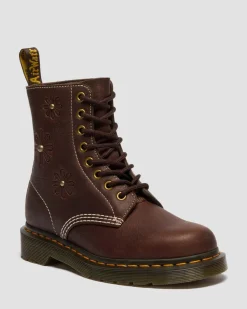 1460 Pascal Flower Grizzly Leder Stiefel in Dunkelbraun