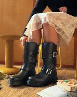 Anistone Two Strap Leder Biker Boots in Schwarz