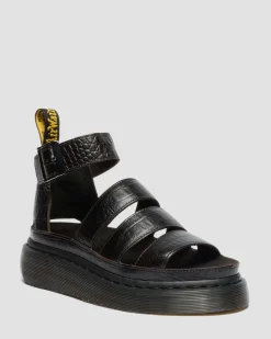 Clarissa Croc Embossed Leder Quad Riemensandalen in Dunkelbraun