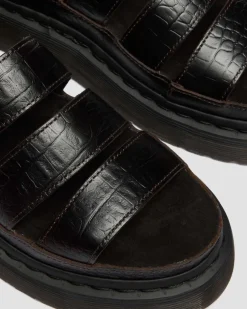 Clarissa Croc Embossed Leder Quad Riemensandalen in Dunkelbraun