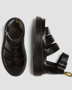 Clarissa Croc Embossed Leder Quad Riemensandalen in Dunkelbraun