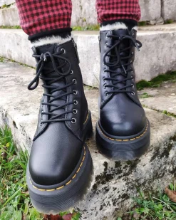 Jadon Leder Plateaustiefel mit Kunstfellfutter in Schwarz