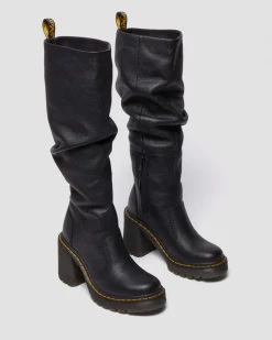 Kasey Virginia Leder kniehohe Absatzstiefel in Schwarz
