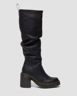 Kasey Virginia Leder kniehohe Absatzstiefel in Schwarz