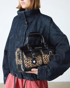 Leopard Print Hair-On Top Handle Tasche in Schwarz