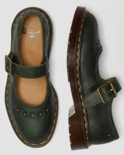 Mary Jane Flower Crazy Horse Leder Schuhe in Dms Grün