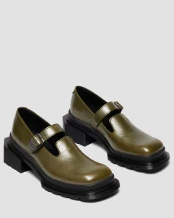 Maybole Mary Jane Square Toe Leder Schuhe in Olivgrün Grün