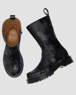 Rejena Hair On Croc Emboss Leder Stiefel in Schwarz