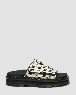 Zebzag Dalmatian Hair On Leder Plateau Slides in Creme & Schwarz