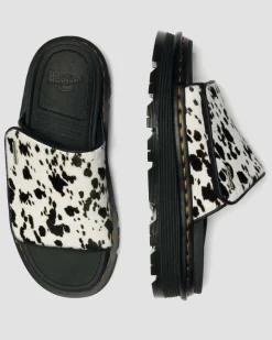 Zebzag Dalmatian Hair On Leder Plateau Slides in Creme & Schwarz