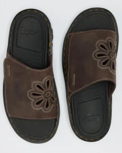 Zebzag Flower Crazy Horse Leder Slides in Dunkelbraun